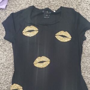 GUESS Black Tee with Gold Lip Accents